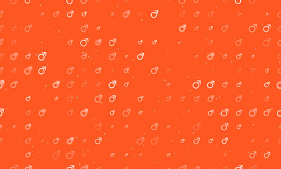 Seamless background pattern of evenly spaced white mars symbols of different sizes and opacity. Vector illustration on deep orange background with stars