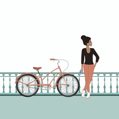 African girl stands on the bridge with a bicycle - vector. Active lifestyle.