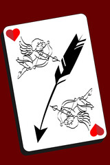 Playing card of hearts, with cupids, arrows and red hearts. Love concept.
