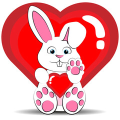 White hare with a valentine. A rabbit with a heart is sitting.