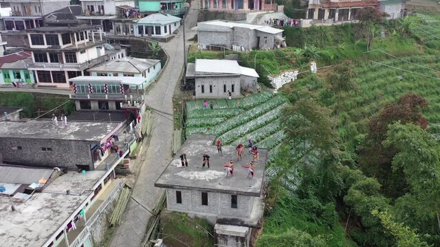 Aerial view of Krandegan village celebrating the Lima Gunung Festival