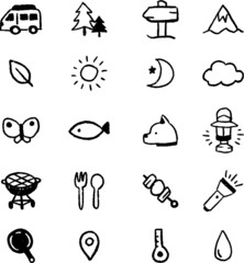 シンプルな手書きのキャンプ、アウトドア、レジャー、旅行のシルエットアイコンセット