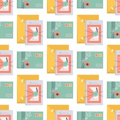 Seamless pattern with envelopes and stamps. Icon for delivery letter, correspondence, postal service. Hand made gift or present with craft paper letter, ribbon, branch and decor elements. flat vector