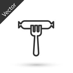 Grey line Sausage on the fork icon isolated on white background. Grilled sausage and aroma sign. Vector.