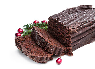 Christmas yule log cake with chocolate cream and cranberry isolated on white