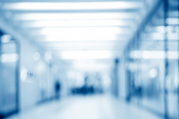 abstract defocused blurred technology space background, empty business corridor or shopping mall. Medical and hospital corridor defocused background with modern laboratory (clinic) - 405227040