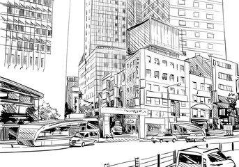Myeongdong Street. Seoul. The Republic of Korea. Hand drawn city sketch. Vector illustration.
