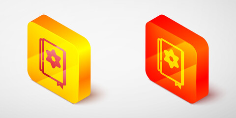 Isometric line Jewish torah book icon isolated on grey background. Pentateuch of Moses. On the cover of the Bible is the image of the Star of David. Yellow and orange square button. Vector.