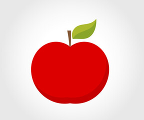 Illustration of red apple with green leaf.