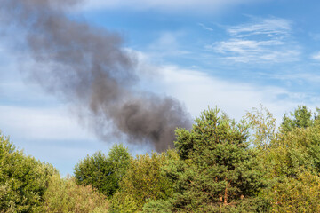 black smoke from burning forest trees and buildings