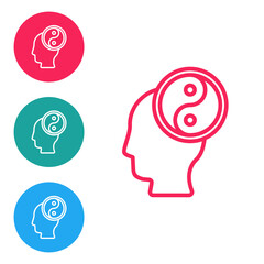 Red line Yin Yang symbol of harmony and balance icon isolated on white background. Set icons in circle buttons. Vector.