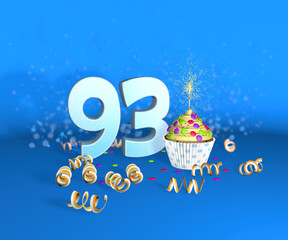 93 birthday or anniversary cupcake with the big number in white with yellow streamers on the blue background. 3d illustration