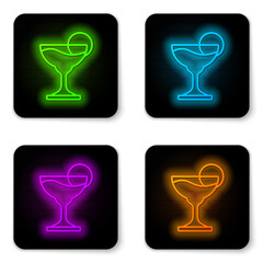Glowing neon line Margarita cocktail glass with lime icon isolated on white background. Black square button. Vector.