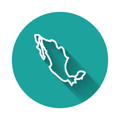 White line Map of mexican icon isolated with long shadow background. Green circle button. Vector.