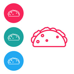 Red line Taco with tortilla icon isolated on white background. Traditional mexican fast food menu. Set icons in circle buttons. Vector.