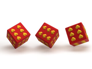 Love dice in red with gold hearts.