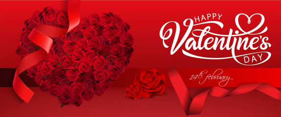 card or banner on valentine's day on February 14 in white on a gradient red background with next to a red rose heart and below a ribbon and two red roses