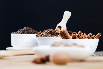 nutmeg scattered on an old wooden table