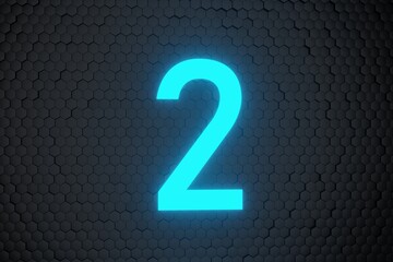 Glowing blue Neon Light Countdown 10 to 0 number on black hexagon background 3D Rendering