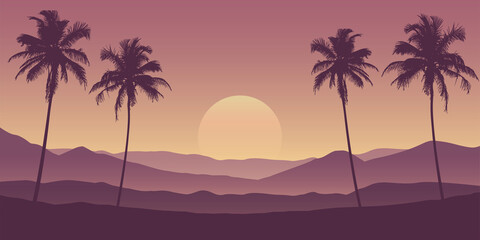 beautiful palm tree silhouette mountain landscape in purple colors vector illustration EPS10