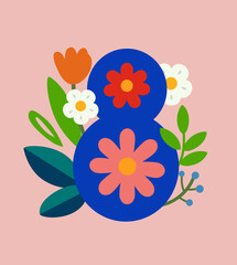 March 8 postcard for womens day. Eight and flowers. Flat style