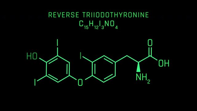 Reverse triiodothyronine Molecular Structure Symbol Neon Animation on black background