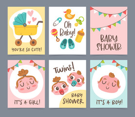 Cute vector hand drawn new born card collection. Baby shower gift cards and invitations. Little boy, little girl and twins.