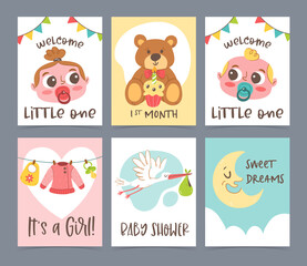 Cute baby shower card collection. Newborn greeting cards and invitations. Hand drawn vector illustration.