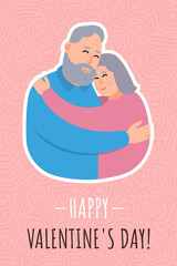 Cartoon old woman and man hugging. Congratulations on Valentine's Day to seniors in love. Design of a postcard, print or banner for February 14.