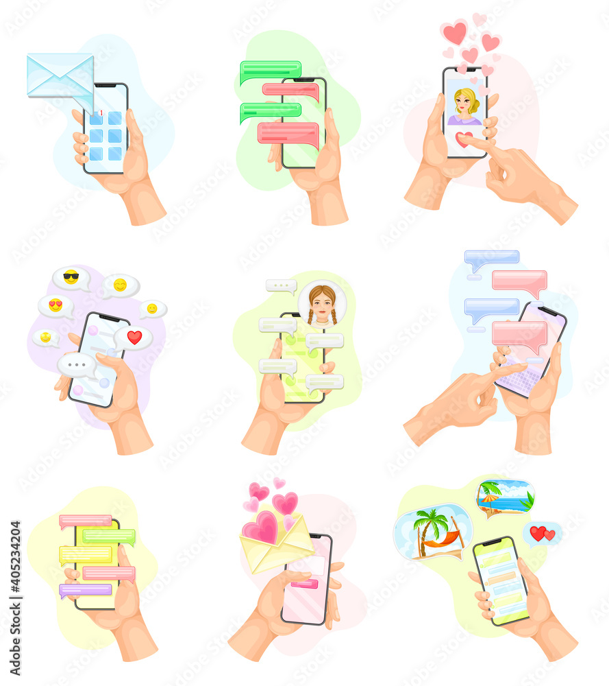 Poster hand with smartphone using chat software text messaging and liking photo vector set