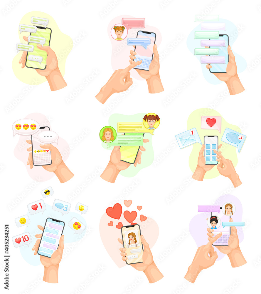 Poster hand with smartphone using chat software text messaging and liking photo vector set