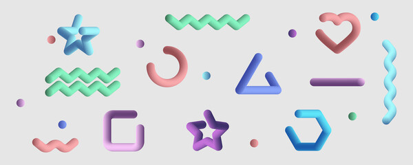 3d shapes. Different Geometric Shapes in 3d design. Liquid geometric shape with color. Background. Vector illustration