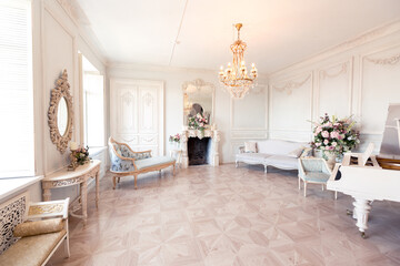 Luxurious light interior of the living room in the baroque style as in a royal castle with old stylish vintage furniture, columns, stucco on the walls