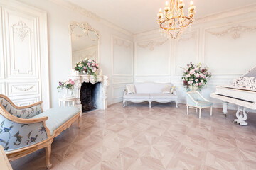 Luxurious light interior of the living room in the baroque style as in a royal castle with old stylish vintage furniture, columns, stucco on the walls