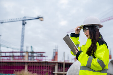 Asian engineer working at site of a large building project,Thailand people,Work overtime at construction site