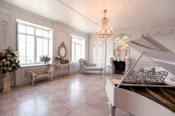 Fotobehang Hotel chique Luxurious light interior of the living room in the baroque style as in a royal castle with old stylish vintage furniture, columns, stucco on the walls  © 4595886