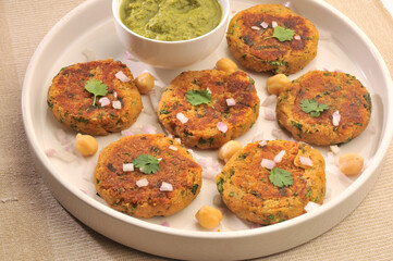 chickpeas tikki or cutlets with mint dip or chutney