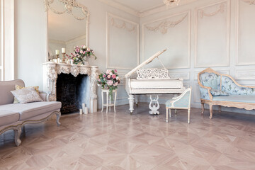 Luxurious light interior of the living room in the baroque style as in a royal castle with old stylish vintage furniture, columns, stucco on the walls