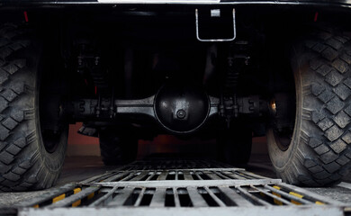 Close up view of fire truck's wheels. Photo from below. Natual lighting