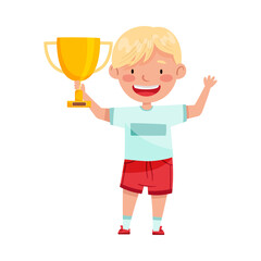 Excited Boy Winner Standing with Gold Cup as Achievement Award Vector Illustration