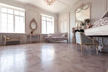 Luxurious light interior of the living room in the baroque style as in a royal castle with old stylish vintage furniture, columns, stucco on the walls