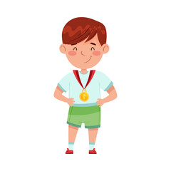 Smiling Boy Champion Standing with Gold Medal Vector Illustration