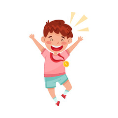 Cute Jumping Boy Winner with Gold Medal Hanging on His Neck Vector Illustration