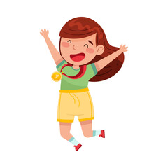 Cute Jumping Girl Winner with Gold Medal Hanging on Her Neck Vector Illustration