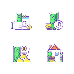 Hockshop RGB color icons set. Payday loan. Extension. Gold price. Down payment. Short-term borrowing. Skipping certain immediate payments. Calculating market value. Isolated vector illustrations