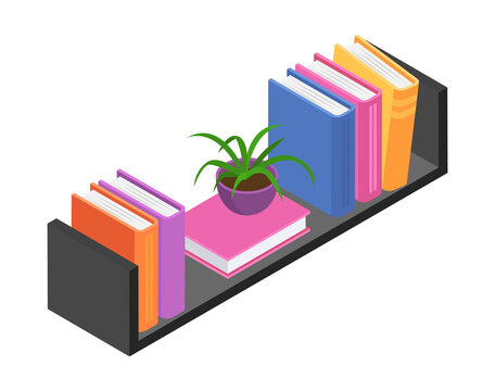 Bookshelf with volume book, booklet and personal library, concept green leaf pot standing wall shelf isometric vector illustration, isolated on white. Wooden rack belletristic literature.