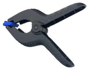 Black plastic spring clamp isolated on white