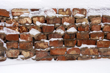 wall of old bricks in the snow