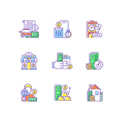 Pawnshop RGB color icons set. Vehicle title loan. Price calculation. Antique furniture. Loaning money business. Short-term borrowing. Extension. Pawnbroker. Gold price. Isolated vector illustrations