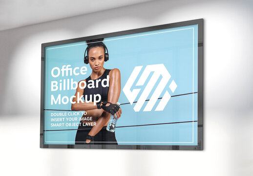 Billboard Hanging on Sunlit Office Wall Mockup